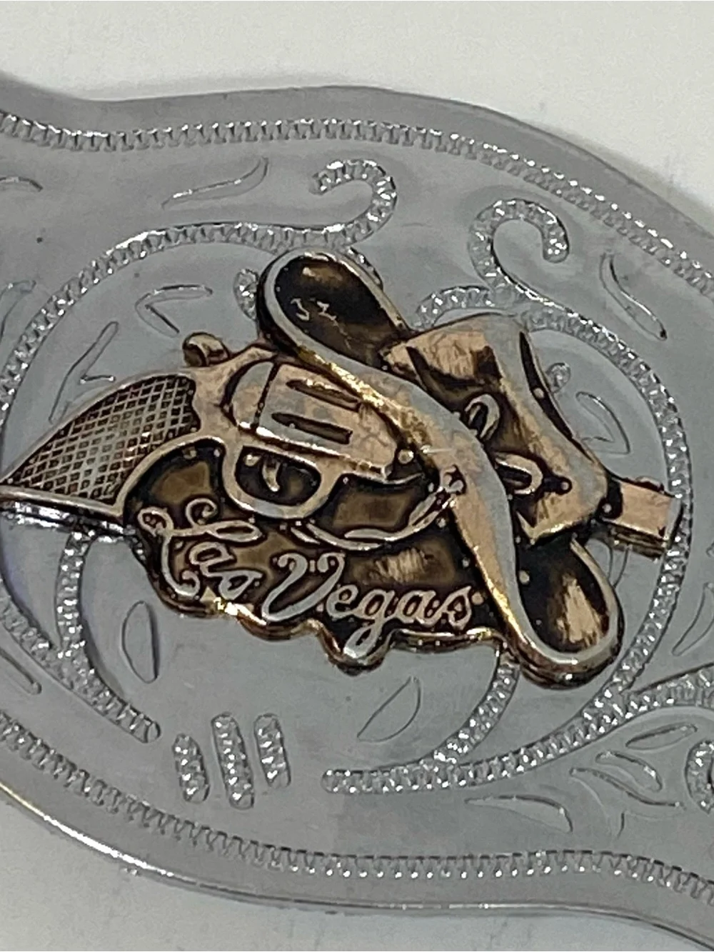Vintage Las Vegas Western Revolver Belt Buckle - Silver and Gold